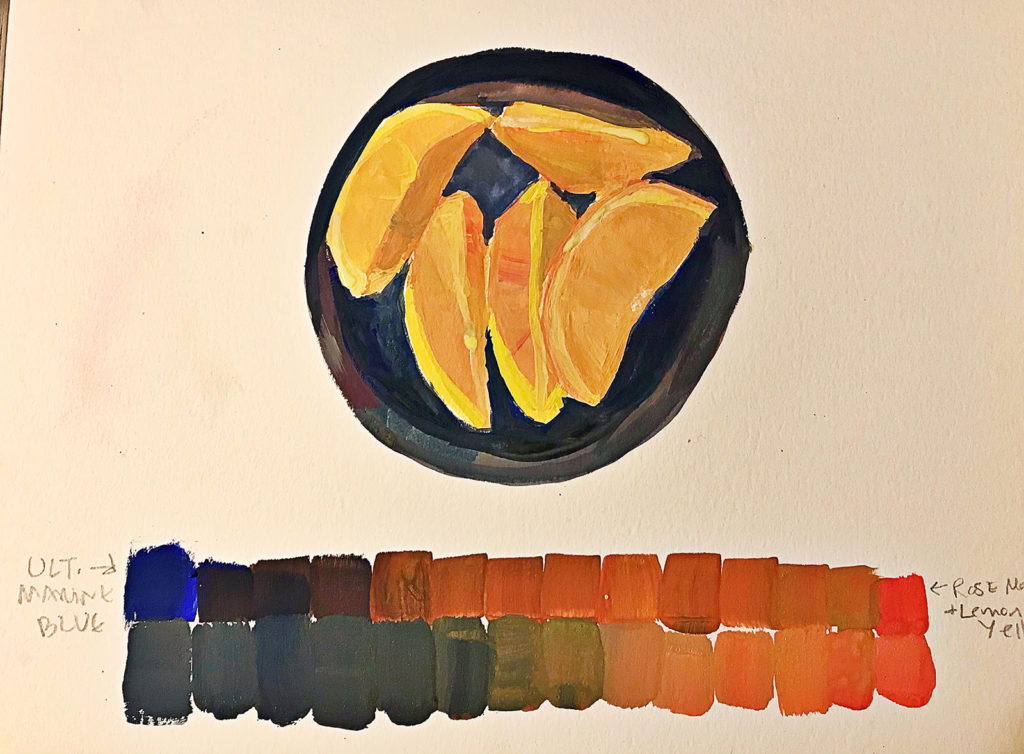 gouache study of a plate of oranges