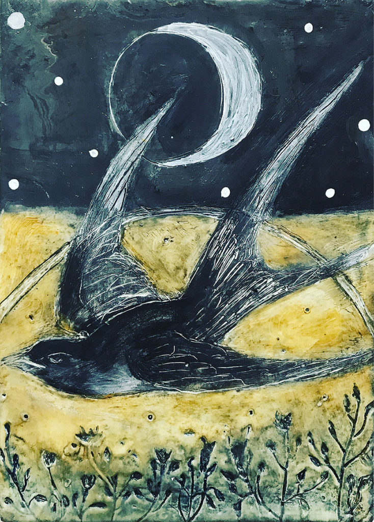 Encaustic mixed media By the Light of the Crescent Moon by Bridgette Guerzon Mills