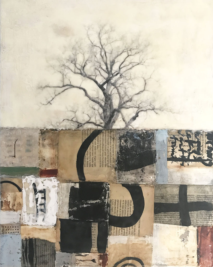 Mixed media encaustic, Stories Are Held in the Land, by Bridgette Guerzon Mills