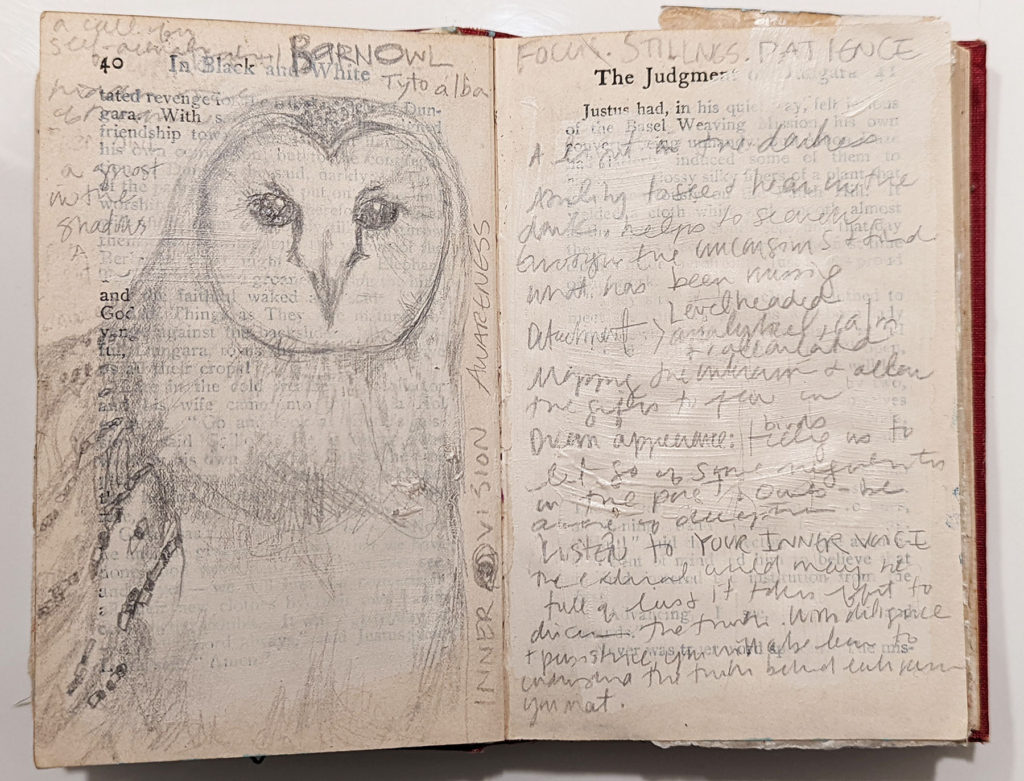 visual journal spread by Bridgette Guerzon Mills of a Barn Owl