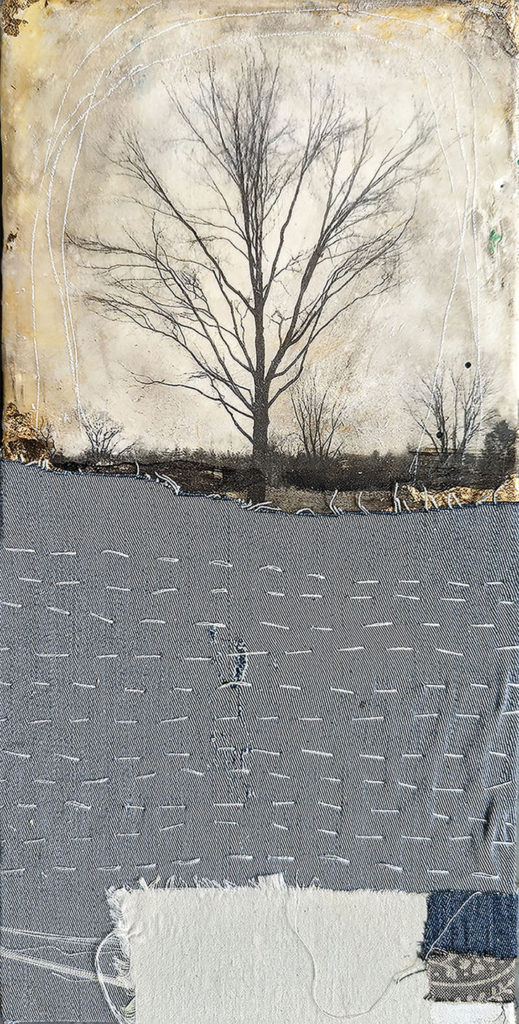 Encaustic mixed media, Mending the Earth, by Bridgette Guerzon Mills