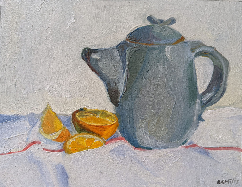 oil painting of a teapot and orange slices by Bridgette Guerzon Mills