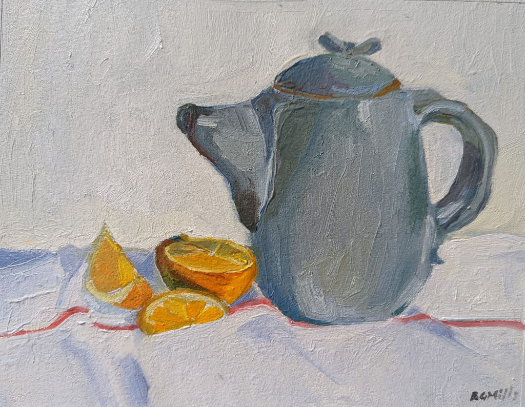 oil painting of a teapot and oranges by Bridgette Guerzon Mills