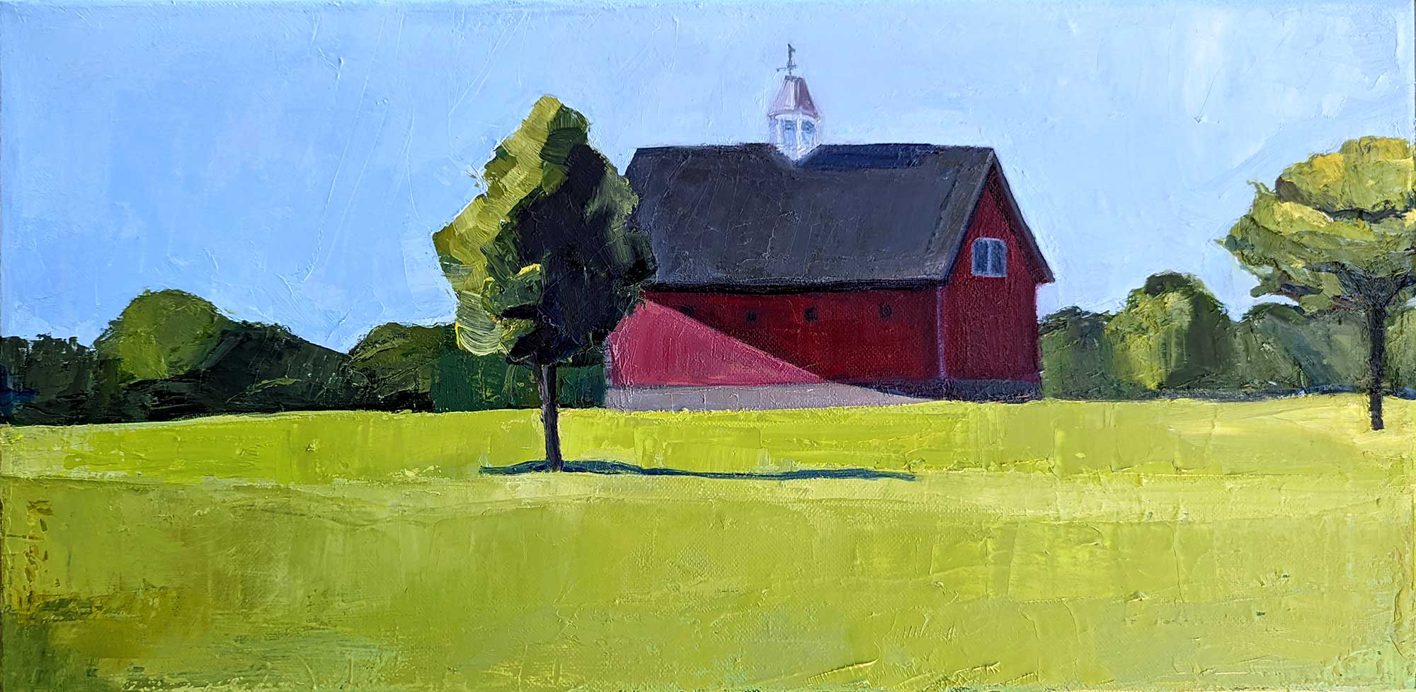 oil painting of a red barn and two trees