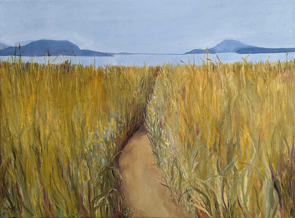 oil painting of a path leading towards a bay by Bridgette Guerzon Mills