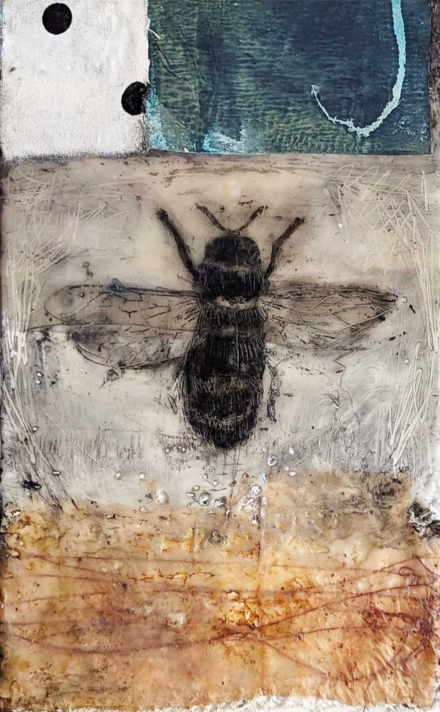 encaustic mixed media painting of a bee by Bridgette Guerzon Mills