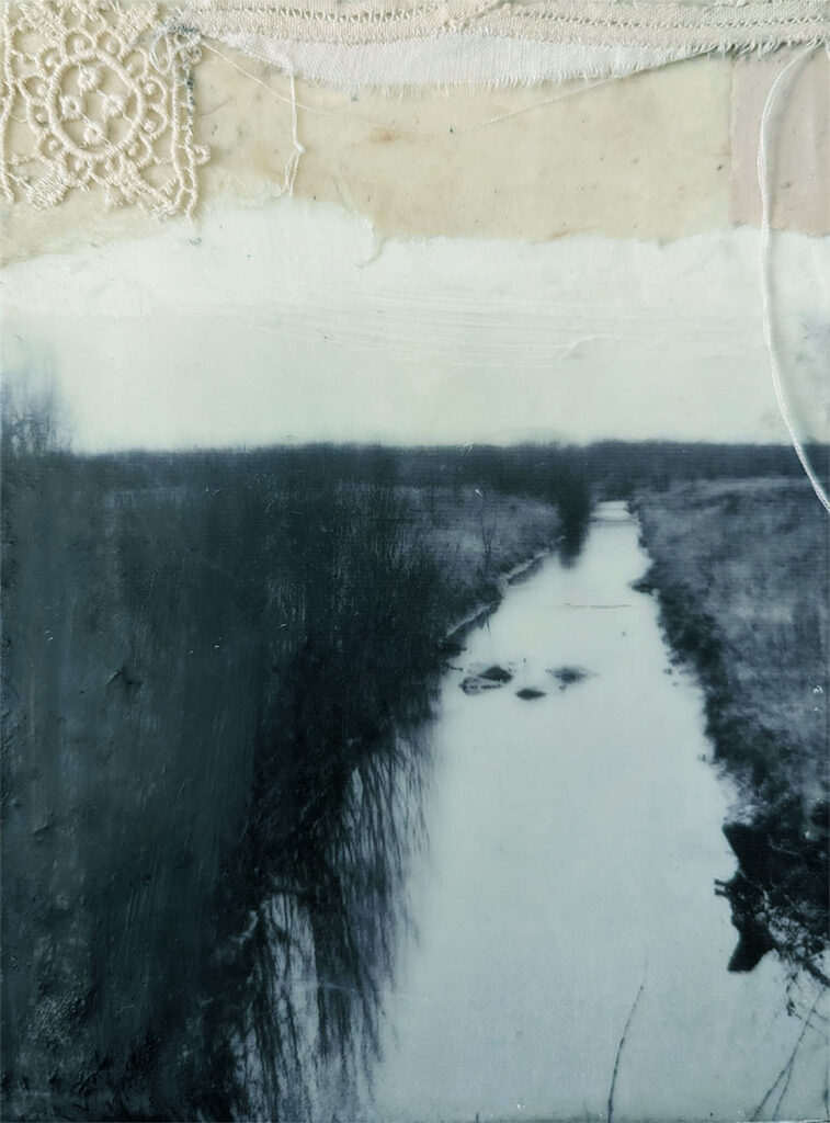 encaustic mixed media collage of a river by Bridgette Guerzon Mills
