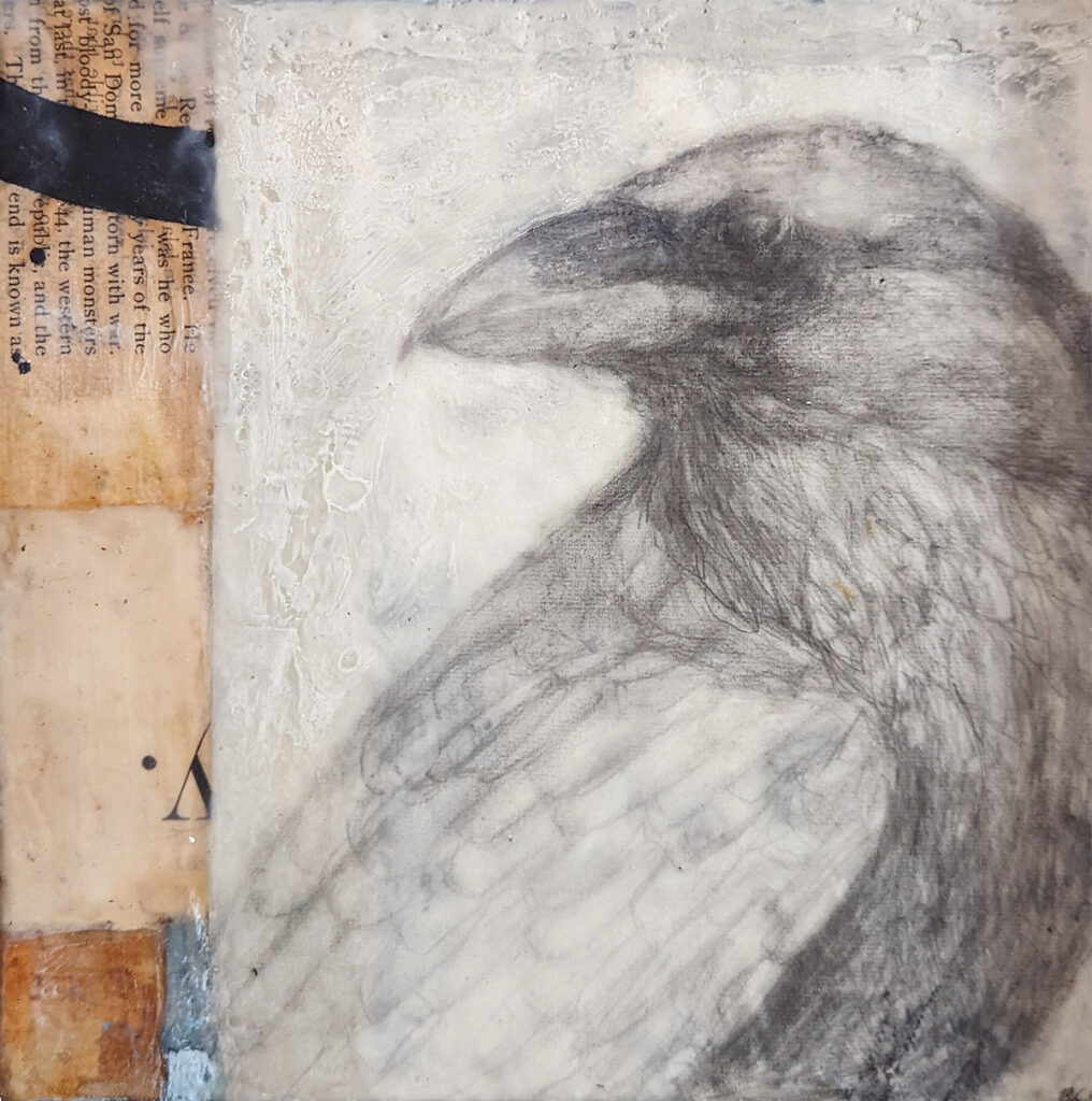 mixed media encaustic, The Crow Knows, by Bridgette Guerzon Mills