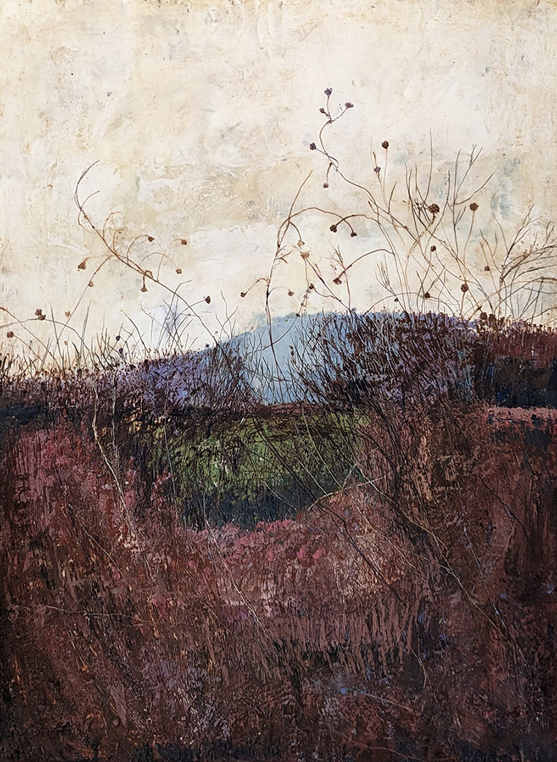 encaustic painting of wild grass and seed pods, Wild Tangle by Bridgette Guerzon Mills