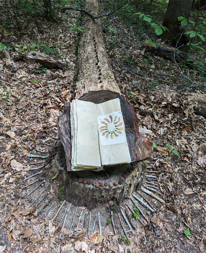 Bridgette Guerzon Mills' Secret Language of Trees: the Understory, book art sculpture at Adkins Arboretum