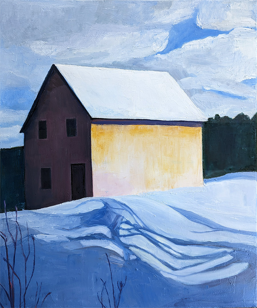 Oil painting of a winter landscape with a barn by Bridgette Guerzon Mills