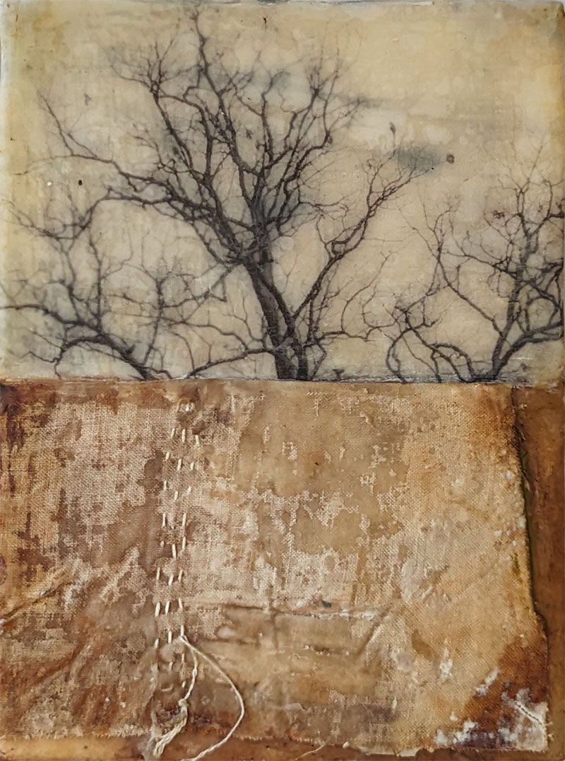 Earth Tracks is ane ncaustic mixed media painting by Bridgette Guerzon Mills