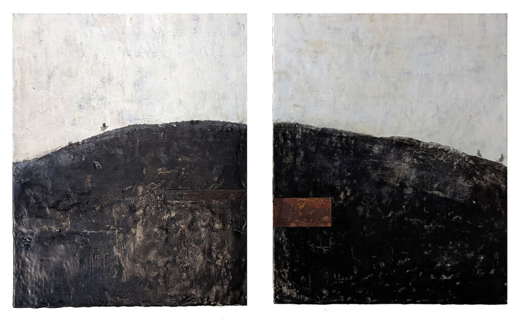 Birthed From the Earth, encaustic mixed media diptych by Bridgette Guerzon Mills