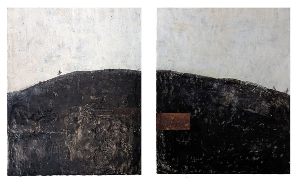 Earthbound, encaustic mixed media diptych by Bridgette Guerzon Mills