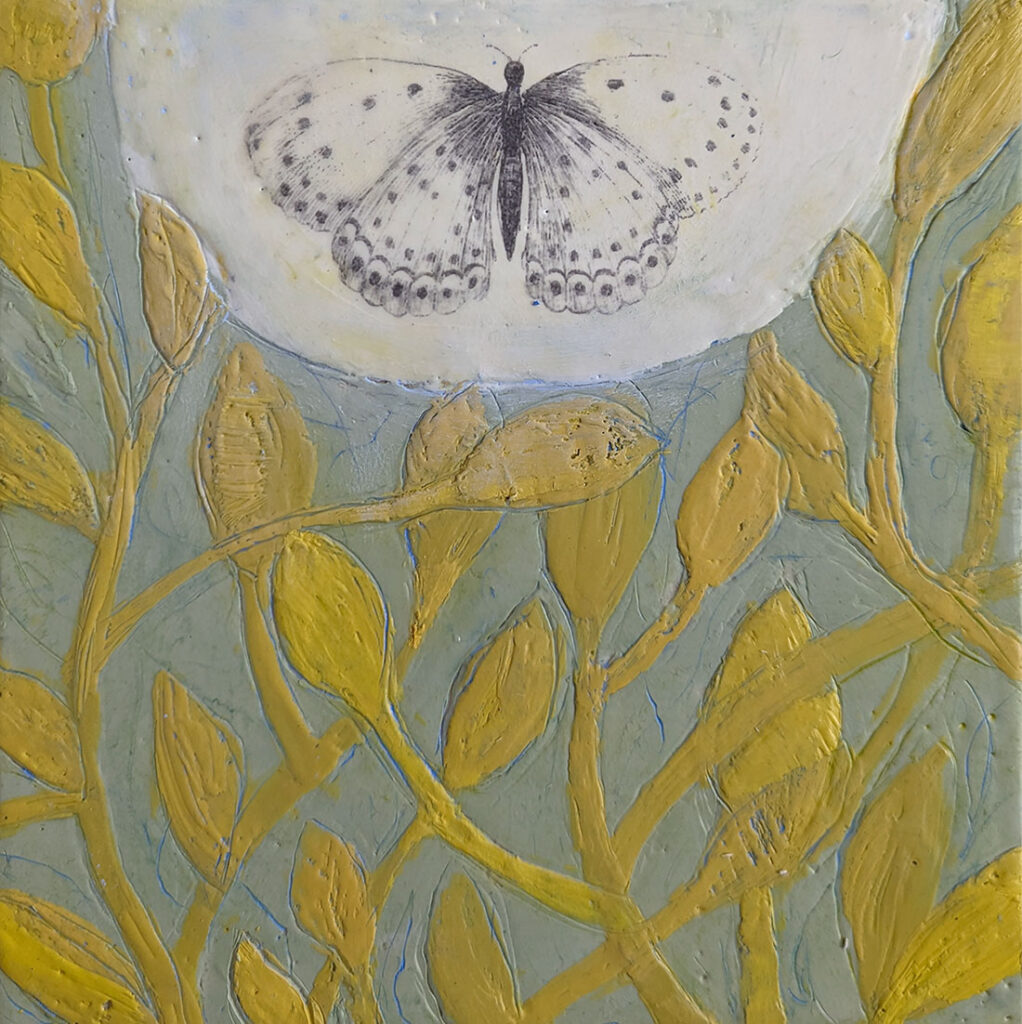 Among Golden Leaves is an encaustic mixed media painting by Bridgette Guerzon Mills
