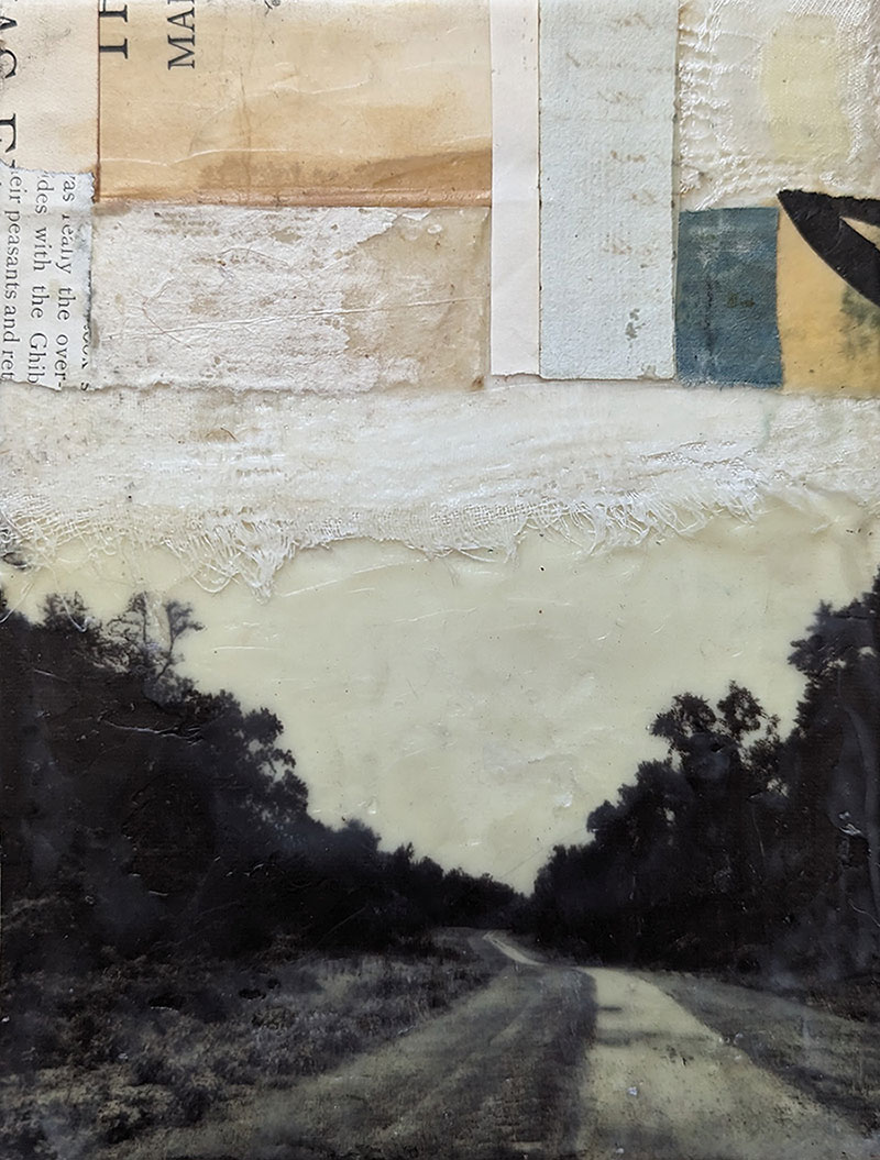 Into the World is an encaustic mixed media piece by Bridgette Guerzon Mills.