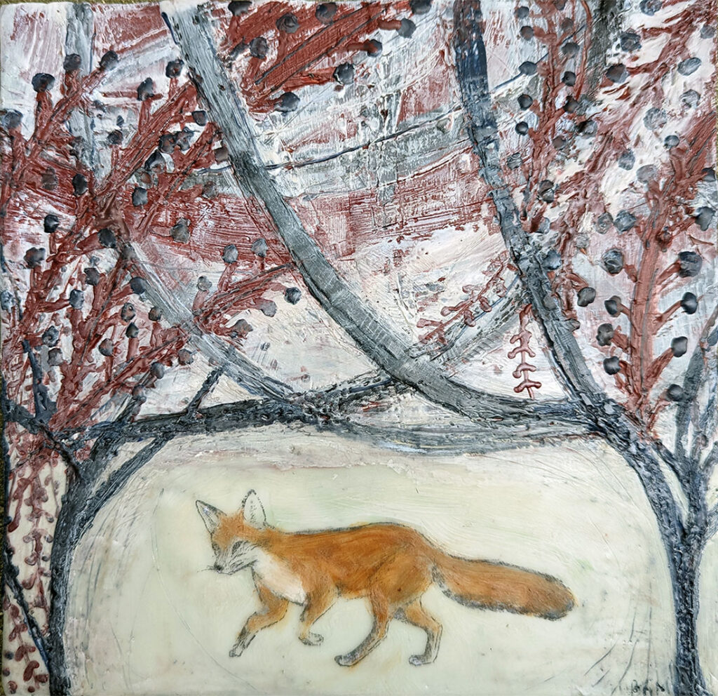 The Fox is an encaustic mixed media painting by Bridgette Guerzon Mills