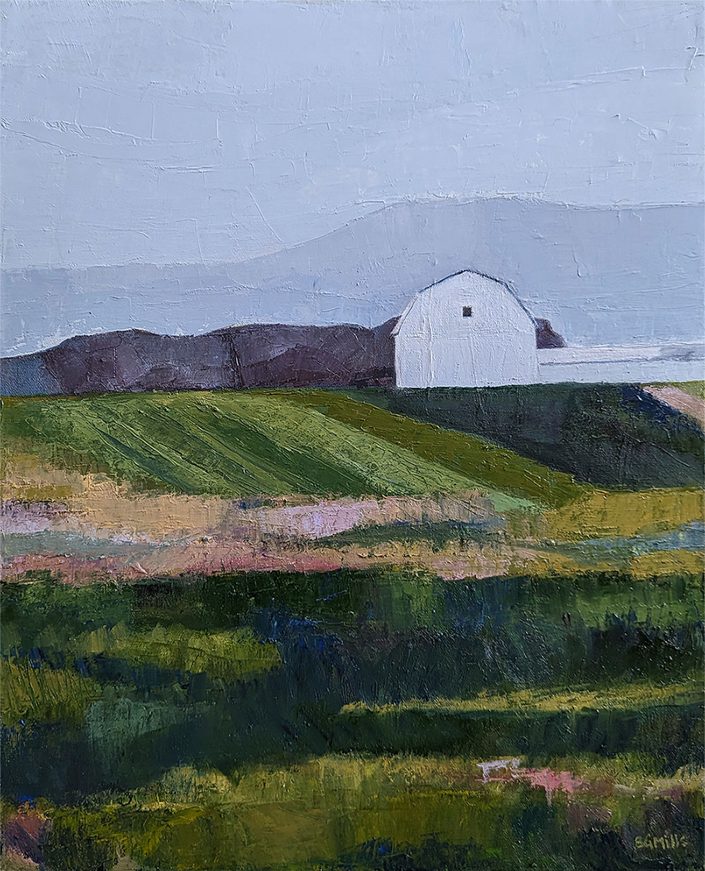 oil painting of a white barn on farmland by Bridgette Guerzon Mills