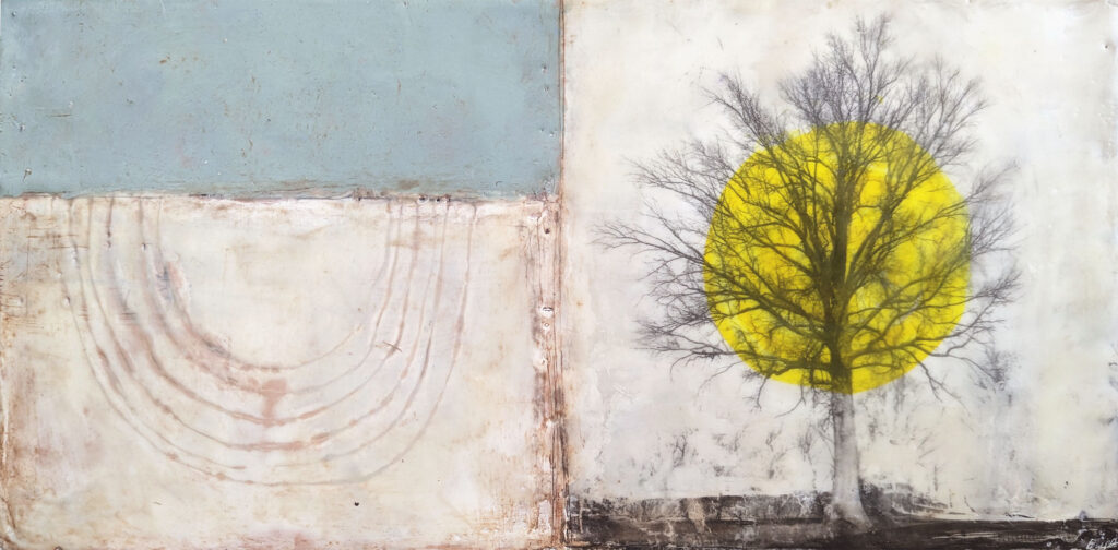 Deeply Rooted, Open Hearted is an encaustic mixed media painting by Bridgette Guerzon Mills