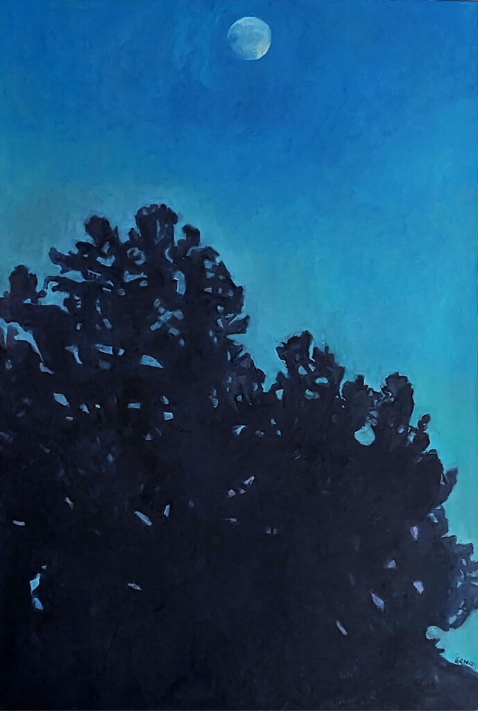 Tree and Moon At Dusk is an oil painting by Bridgette Guerzon Mills