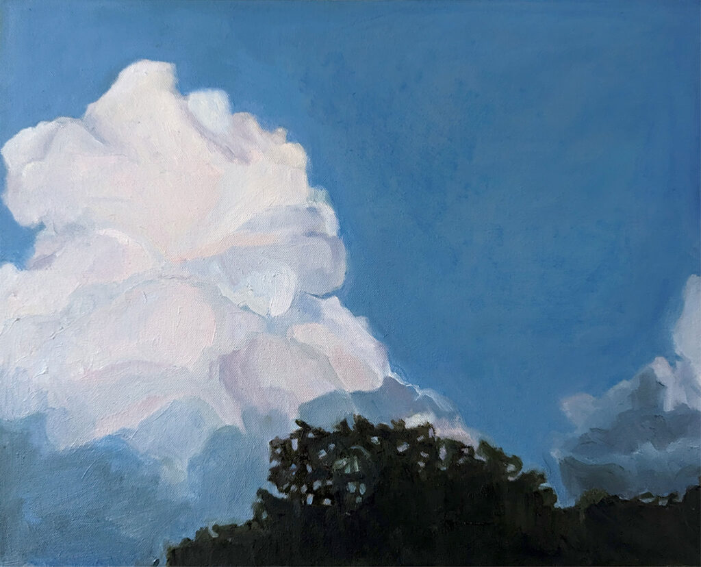 Grace is an oil painting of a cloud and a treetop by Bridgette Guerzon Mills