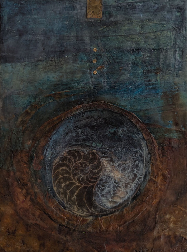 Nautilus is an encaustic mixed media painting by Bridgette Guerzon Mills