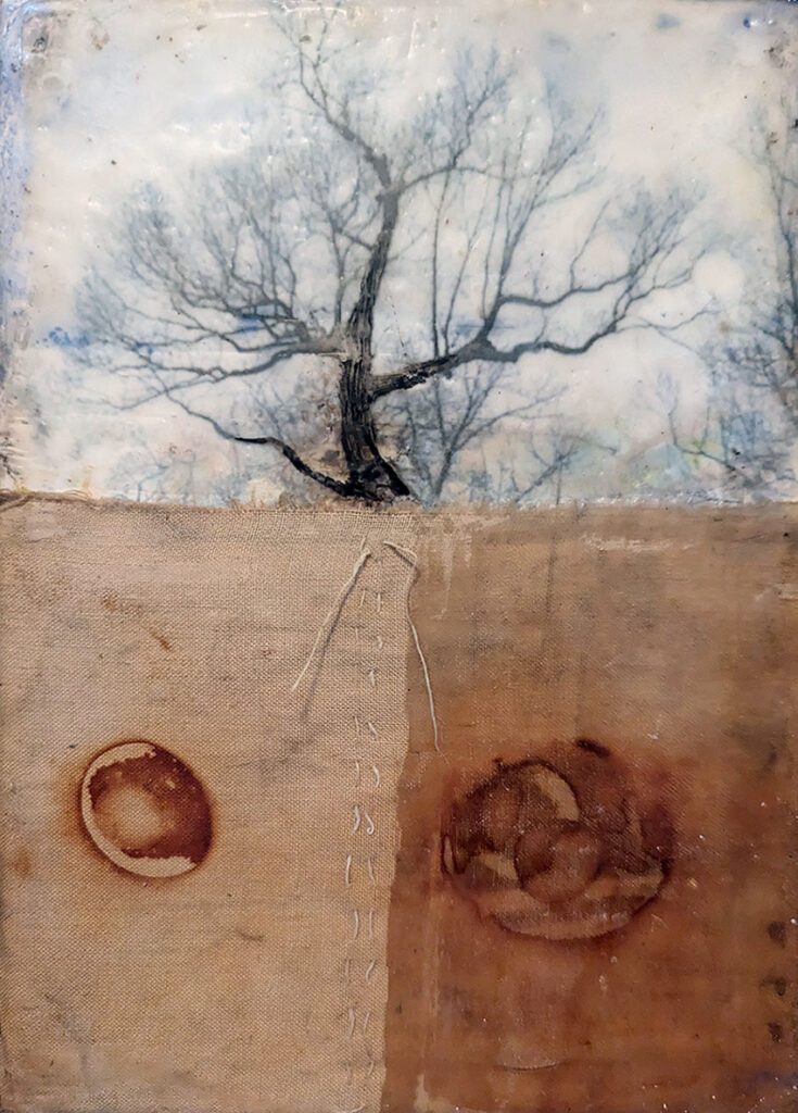 Self Reflection is an encaustic mixed media piece by Bridgette Guerzon Mills