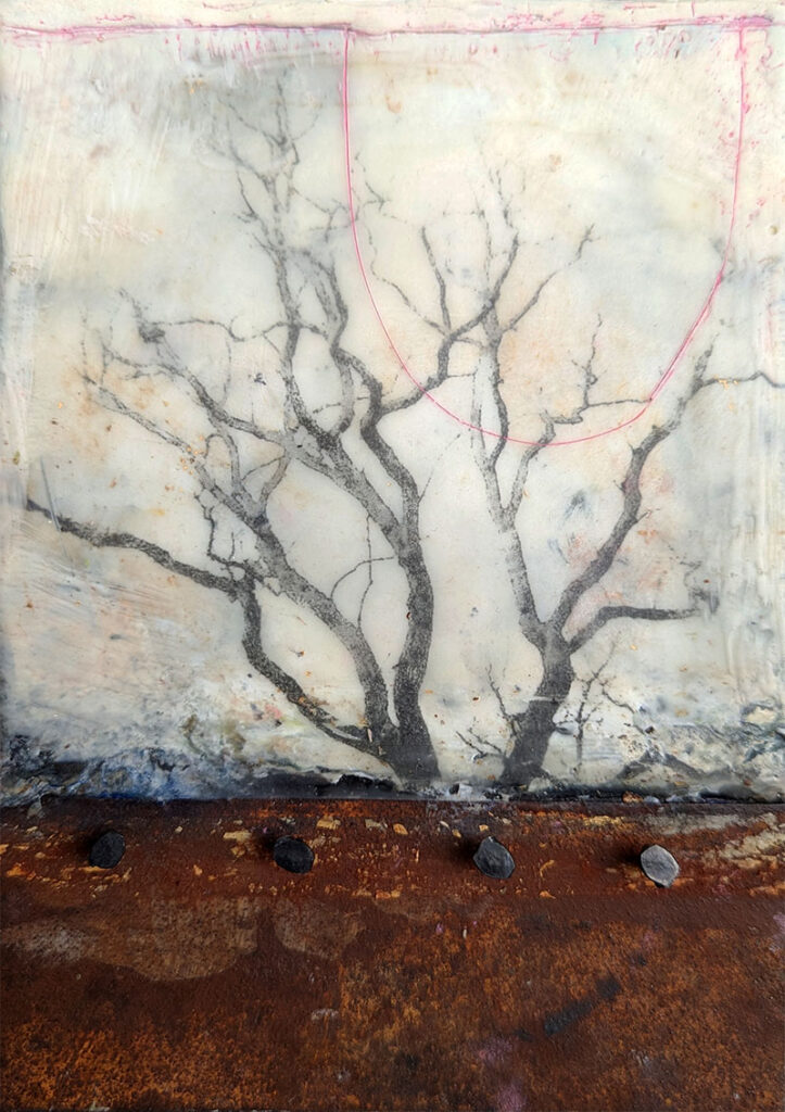 Catharsis is an encaustic mixed media [piece by Bridgette Guerzon Mills