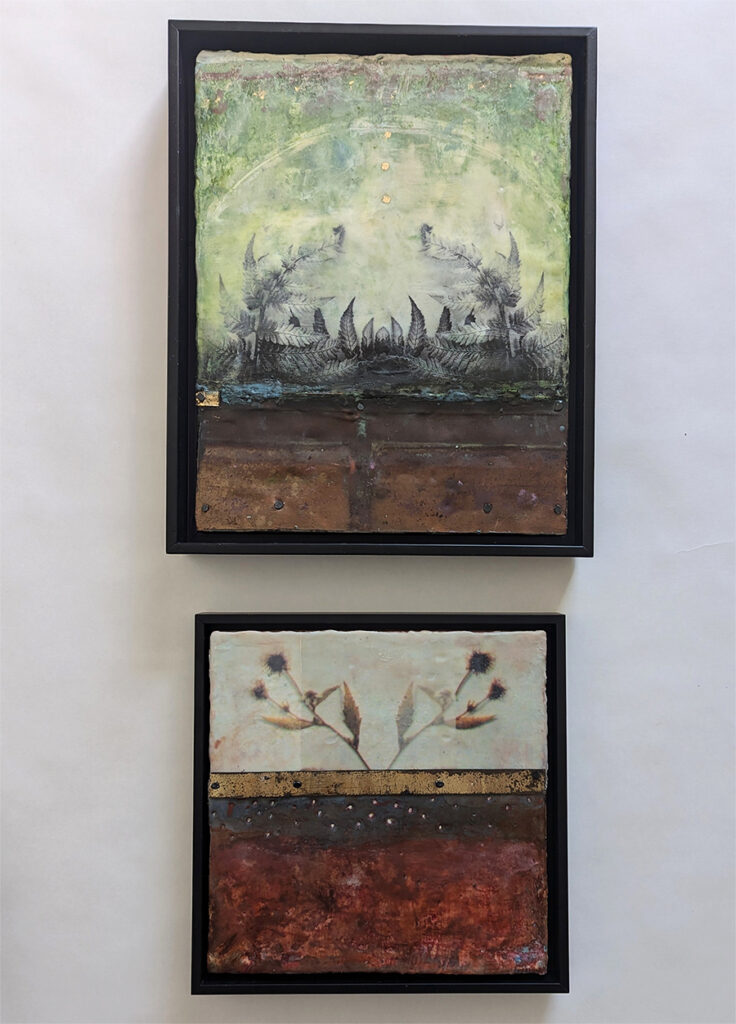 Two pieces by Bridgette Guerzon Mills currently in the Kindred Spirits exhibit at Lark and Key Gallery