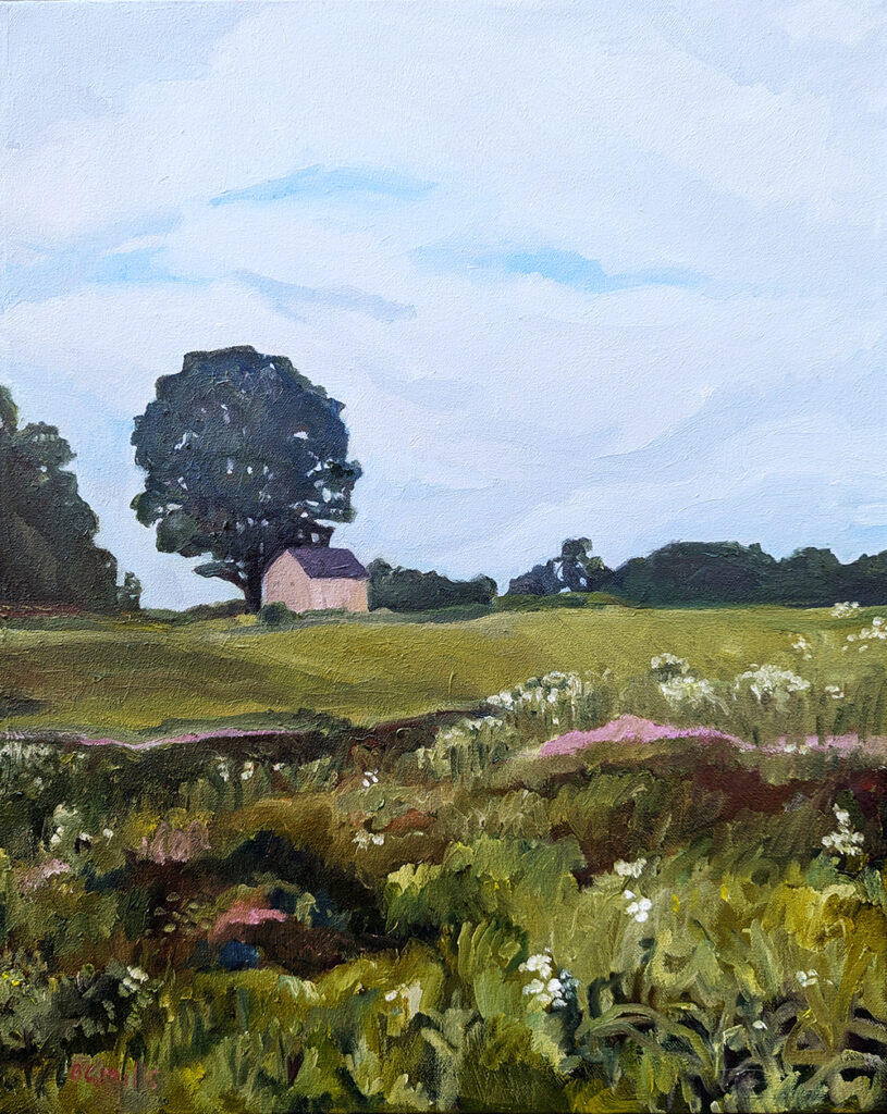 Abundance is an oil painting of a meadow and a house under a big tree by Bridgette Guerzon Mills