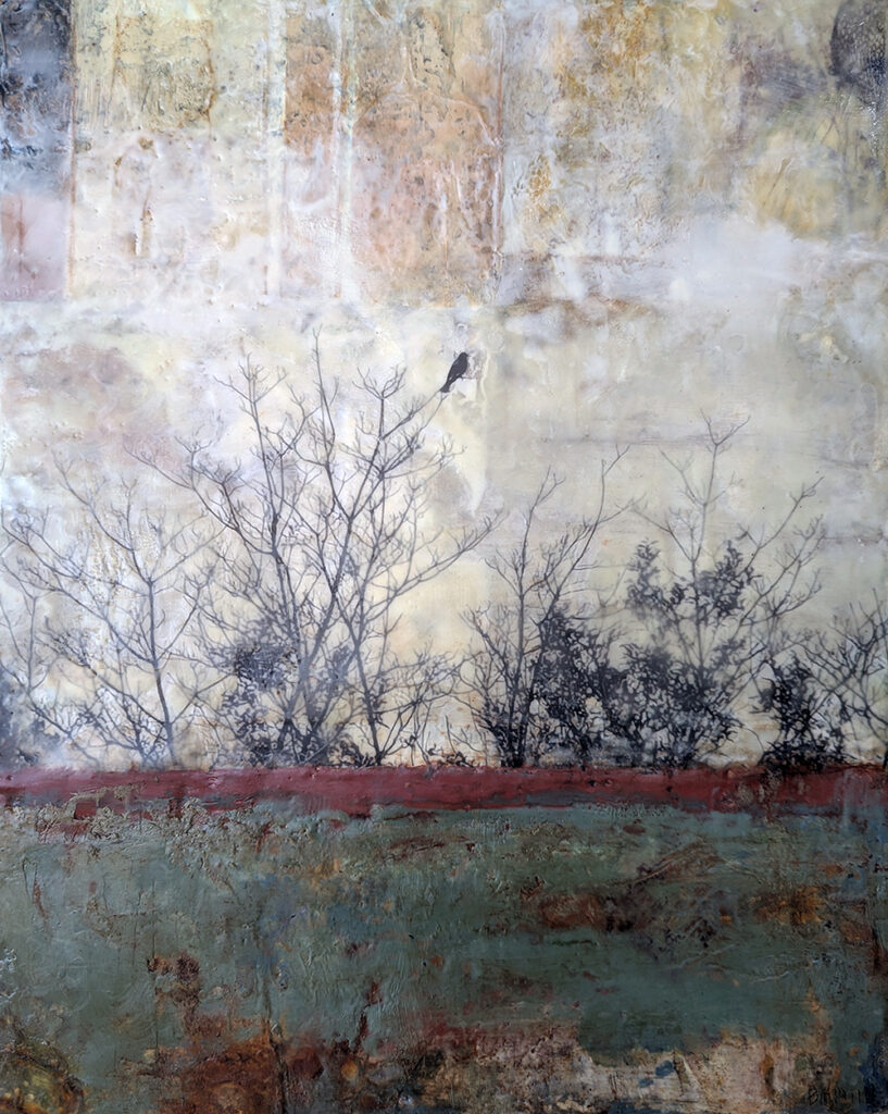 Everything Changes is an encaustic mixed media painting of a bird in a meadow by Bridgette Guerzon Mills