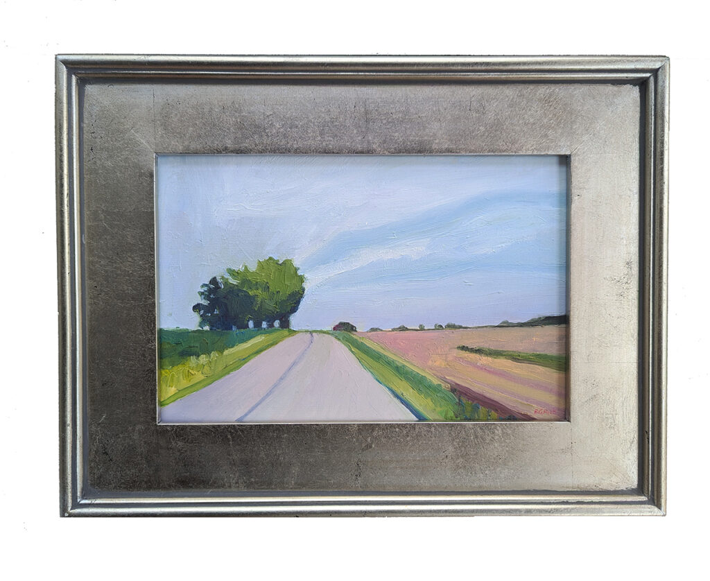 On the Open Road is an oil painting of a country road by Bridgette Guerzon Mills