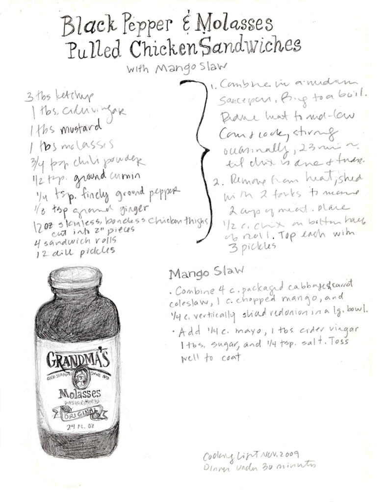 illustrated recipe for molasses pulled chicken sandwich