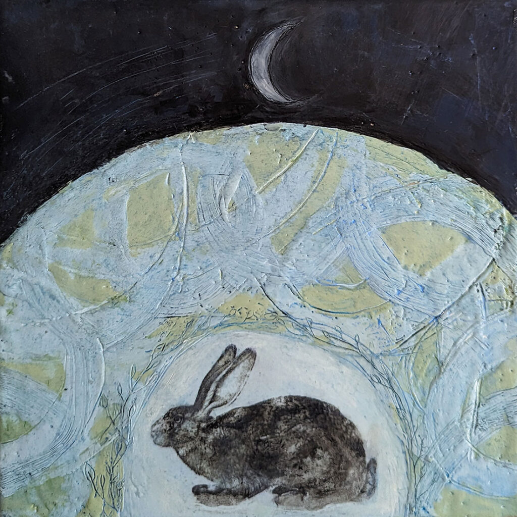 Time for Rest and Reflection is an encaustic mixed media painting of a rabbit by Bridgette Guerzon Mills