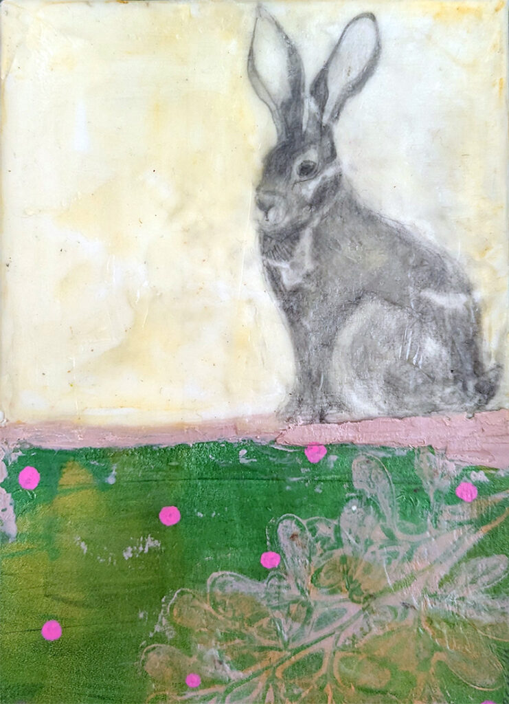 Rabbit, Rabbit is an encaustic mixed media piece by Bridgette Guerzon Mills