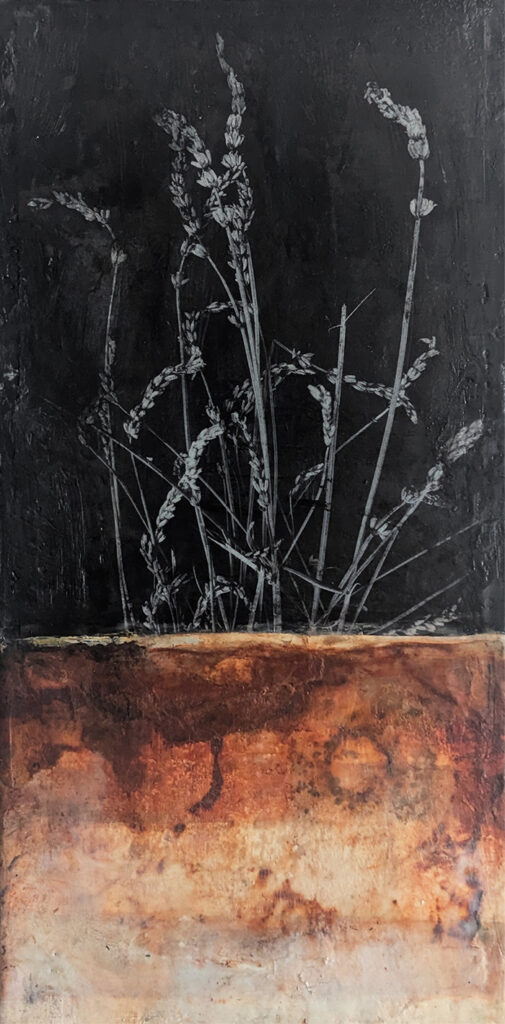 The Last Harvest is an encaustic mixed media collage by Bridgette Guerzon Mills