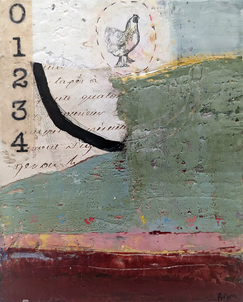 Chicken Dreams is an encaustic mixed media painting by Bridgette Guerzon Mills