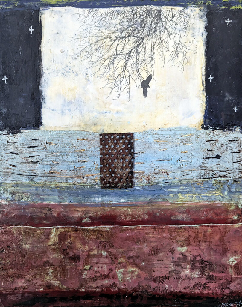 Between Worlds is an encaustic mixed media painting by Bridgette Guerzon Mills