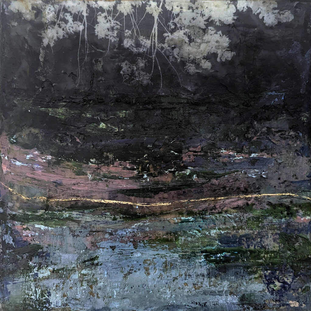 Our Shadow Reveals Our Light is an encaustic mixed media painting by Bridgette Guerzon Mills.