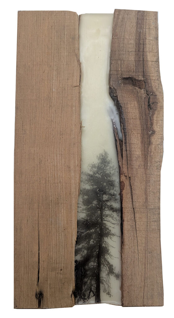 Passage Between Earth and Sky is an encaustic mixed media piece using salvaged wood by Bridgette Guerzon Mills.