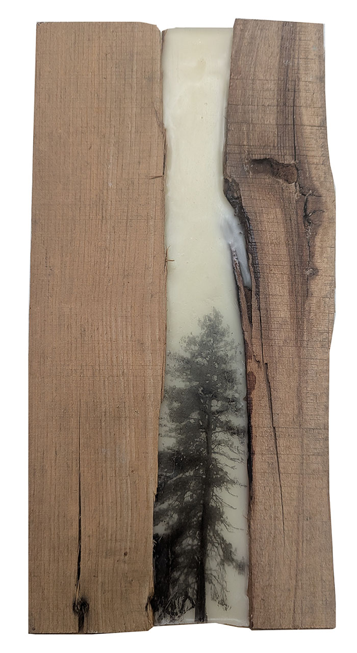 Passage Between Earth and Sky is an encaustic mixed media piece using salvaged wood by Bridgette Guerzon Mills.