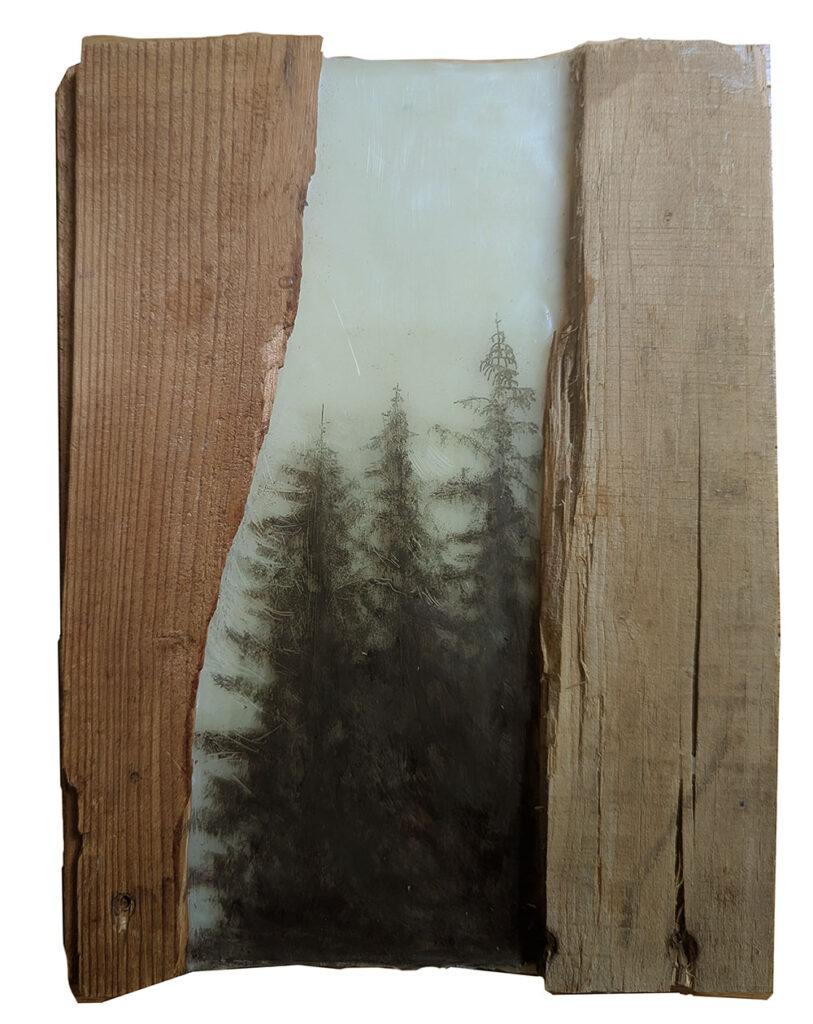 The Protectors is an encaustic mixed media piece including salvaged wood by Bridgette Guerzon Mills