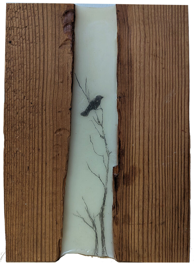 A Space to Pause is a encaustic mixed media piece including salvaged wood featuring a bird on a thin branch by Bridgette Guerzon Mills