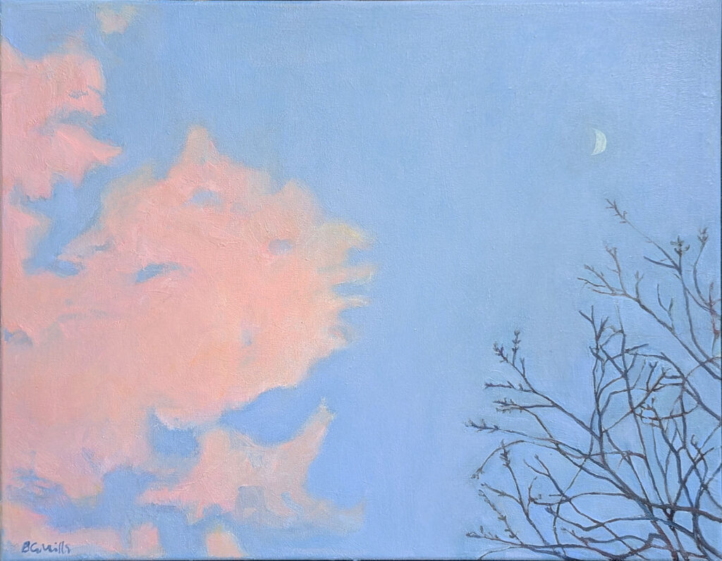 Pink Clouds, Crescent Moon, oil on canvas by Bridgette Guerzon Mills