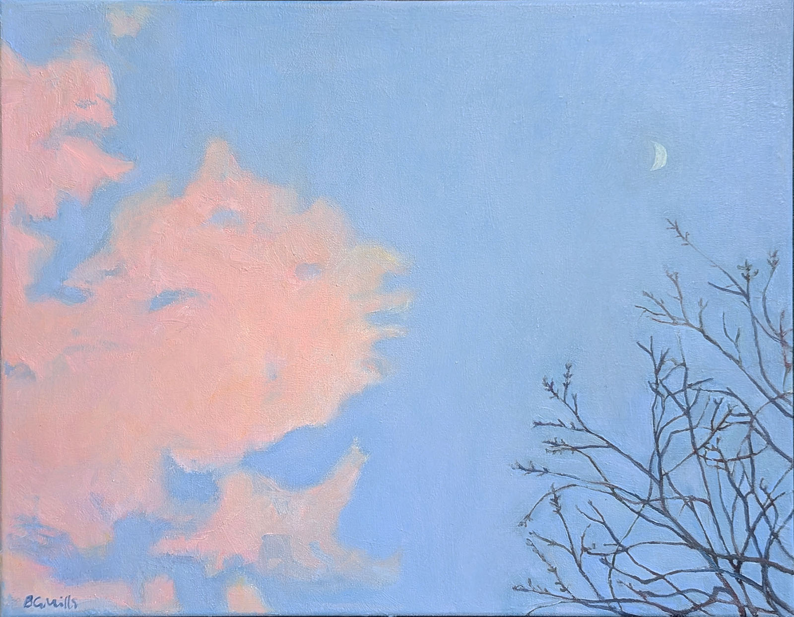 Pink Clouds, Crescent Moon, oil on canvas by Bridgette Guerzon Mills