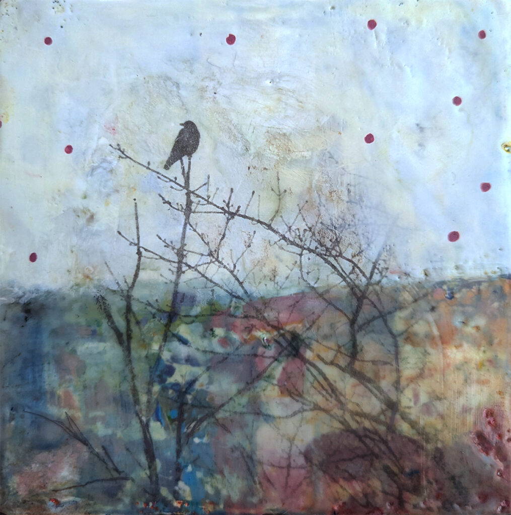 Sweet Solitude, encaustic mixed media painting of a bird on a branch by Bridgette Guerzon Mills