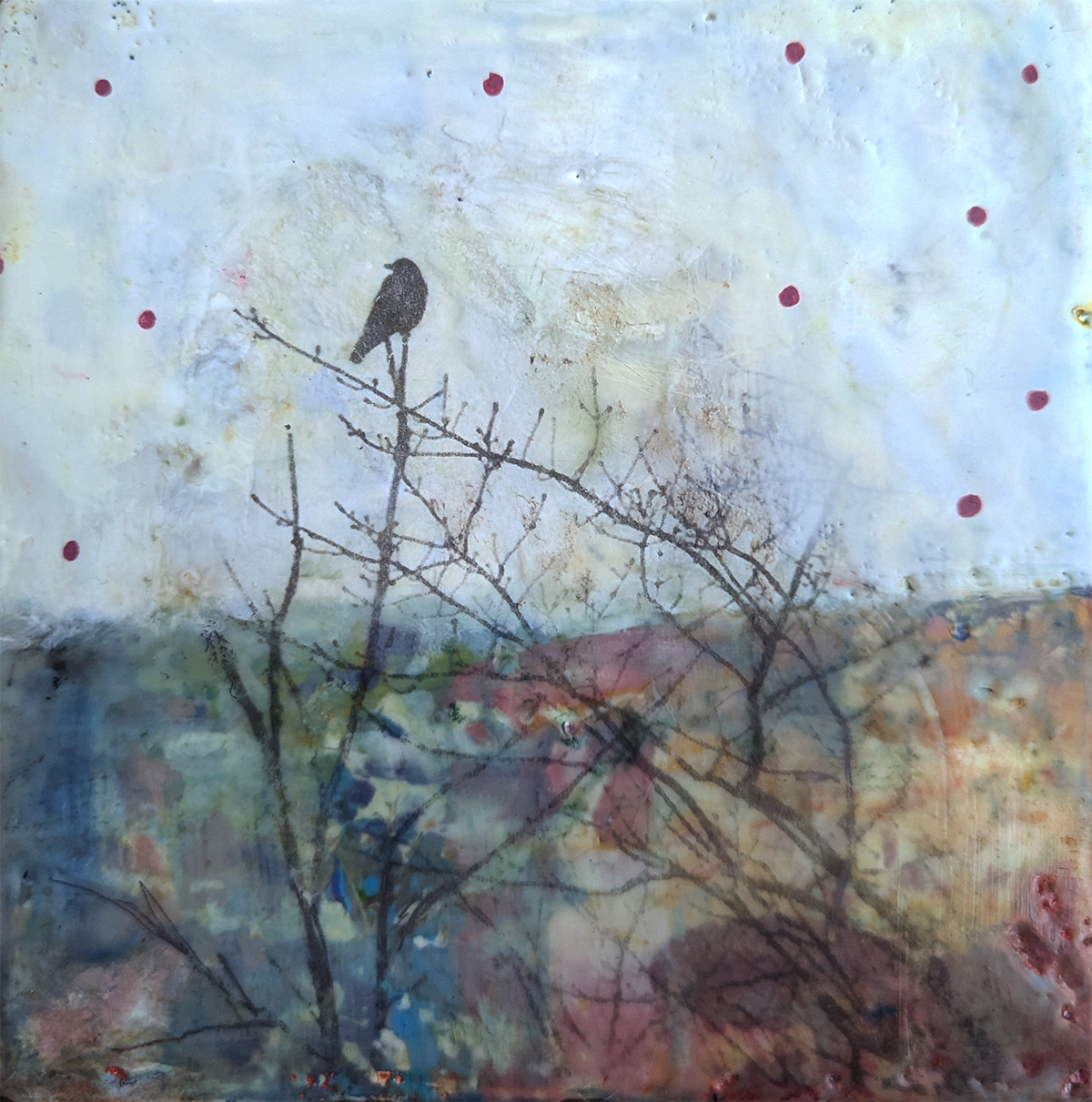 Sweet Solitude, encaustic mixed media painting of a bird on a branch by Bridgette Guerzon Mills