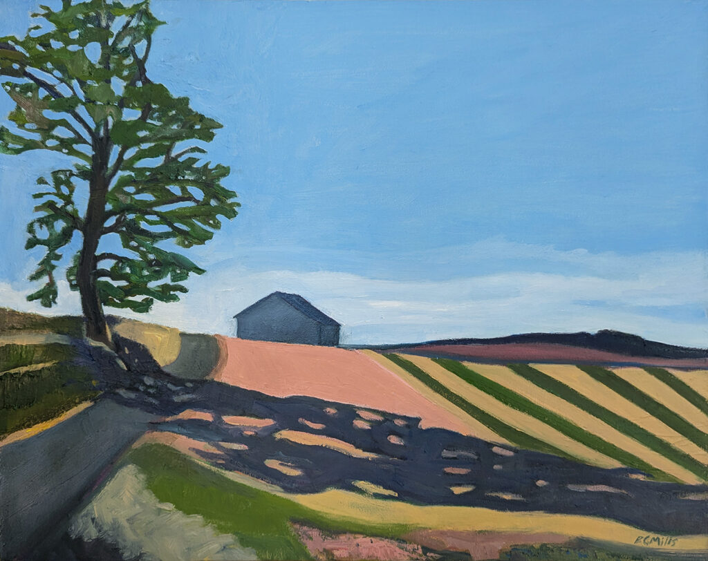 "A Tall Tree Casts A Long Shadow" is an oil painting by Bridgette Guerzon Mills