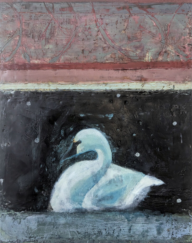 White Swan is an encaustic mixed media painting by Bridgette Guerzon Mills