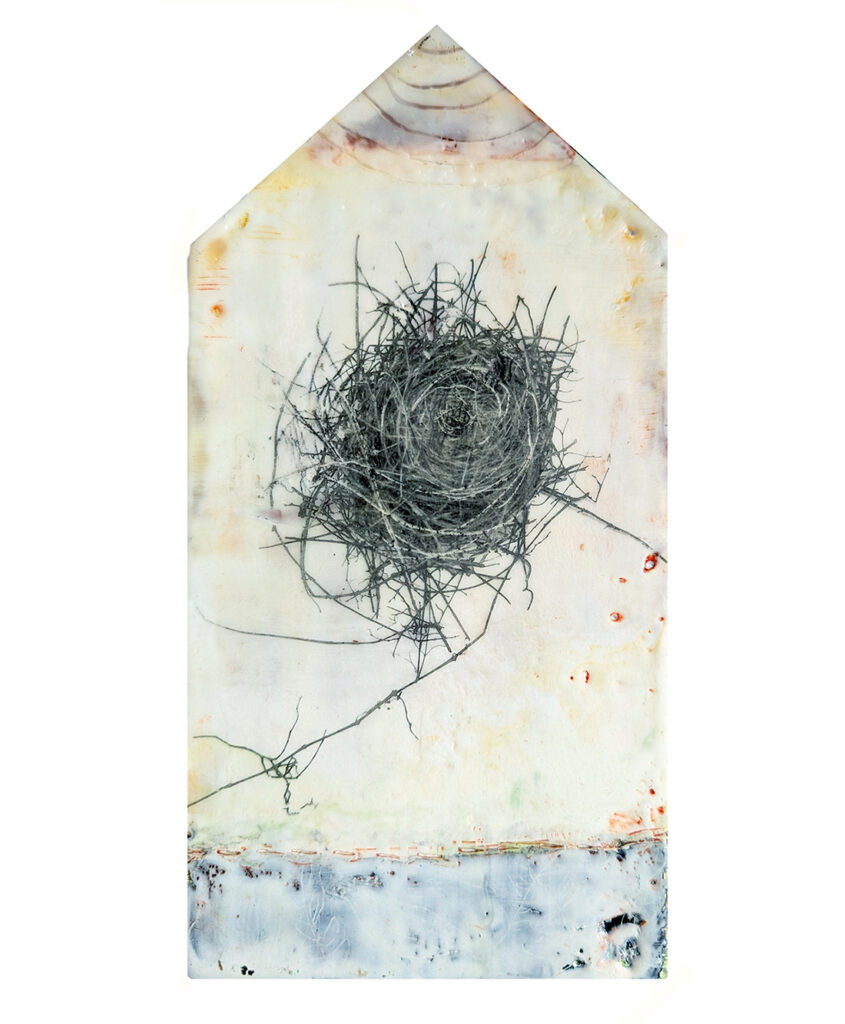 At My Tender Age, encausitc mixed media, is by Bridgette Guerzon Mills.